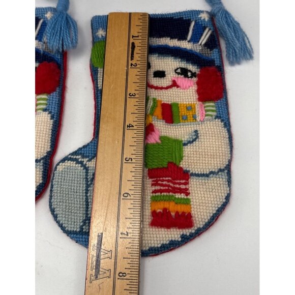 Handmade Needlepoint Snowman Mini Christmas Stockings Mom Dad Set Bright Colors - Picture 7 of 10